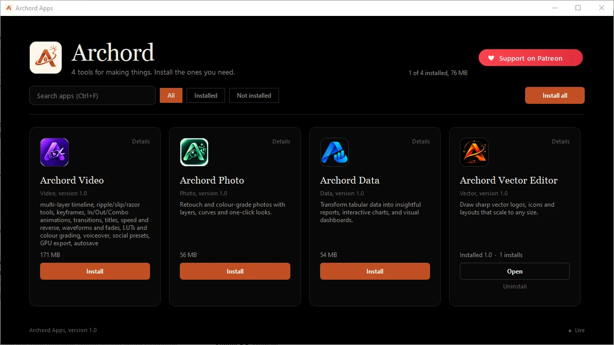The Archord launcher showing Archord Video, Photo, Data and Vector Editor